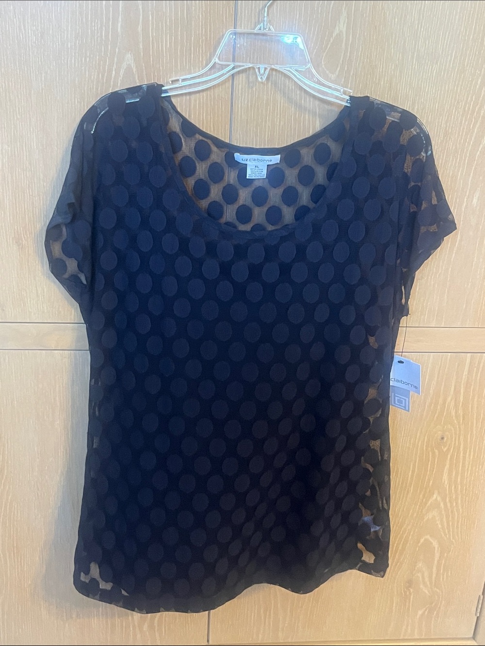 Liz Claiborne Black Sheer Polka Dot Short Sleeve Top